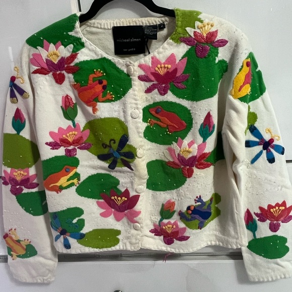 Michael Simon Sweaters - Michael Simon Vintage Hand knit Beaded FROG Butterfly Cardigan Sweater Rare